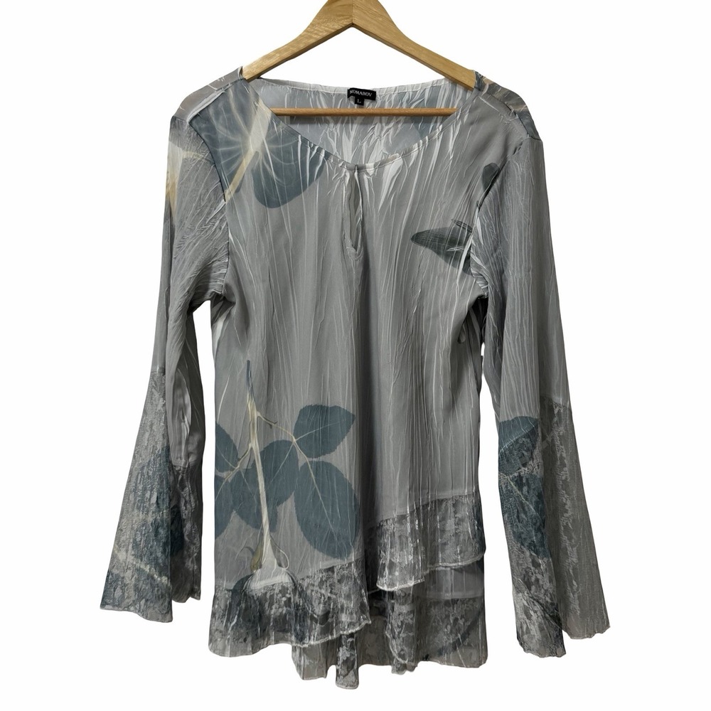 KOMAROV Layered Crinkle Chiffon Floral Top Size L Blue Keyhole Neck Bell Sleeve